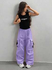 Tween Girls' Elastic Waist Cargo Pocket Pleated Loose Leg Pants - Purple - View 5