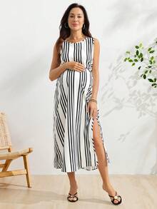 SHEIN Vestido casual de maternidad con cuello redondo, diseño de bloques de color a rayas y abertura, para uso diario - Multicolor - Ver 1