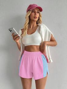 SHEIN Sovereign Charm 女款彈性腰拼色休閒百搭日常旅行運動短褲 - 粉色 - 查看 10