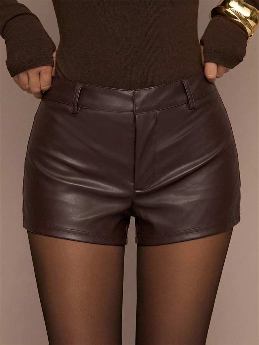 SHEIN BAE Pantalones cortos de unicolor para mujer de moda para ir al trabajo - Marrón Chocolate - Ver 1