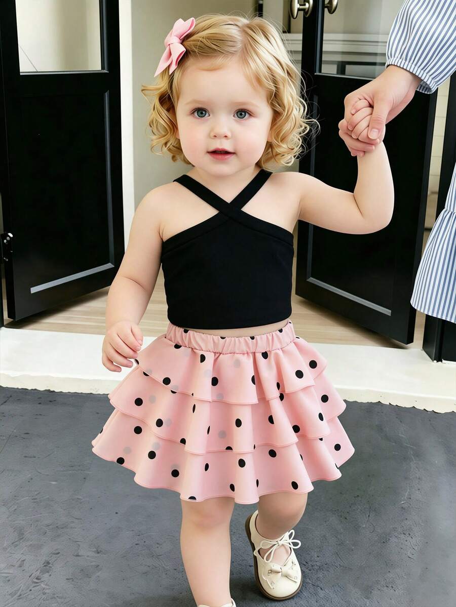 SHEIN Playful Pals 2026夏季新款女童黑白波點蛋糕裙套裝,交叉肩帶設計甜美酷感2件套,女嬰韓系優雅度假公主裙 - 粉色 - 查看 1