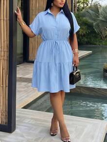 Slaydiva Plus Size Textured Button Half-Placket Tie Hem Ruffle Dress - Blue - View 3