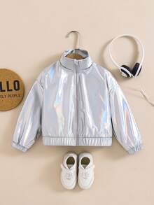 SHEIN Young Girls YoungGirl 休閒梭織純色長袖短版夾克，日常穿著 Y2K 女孩金屬感夾克，Y2K 銀色夾克返校秋季款 - 銀色 - 查看 2
