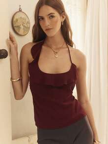Aralina Scooped Neck Ruffle Neck Halter Neck And Tie Back Backless Chiffon Top Flowy Top Red Wine Polka Dot Print Cute Going Out Date Night Top Summer Sexy - Burgundy - View 5