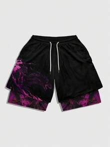ROMWE MEN Goth Pantalones cortos de doble capa con cintura de cordón y estampado de dragón para hombres - Multicolor - Ver 3