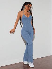 INAWLY Women's Flare Leg Casual Halter Neck Backless Denim Jumpsuit - Light Wash - View 5