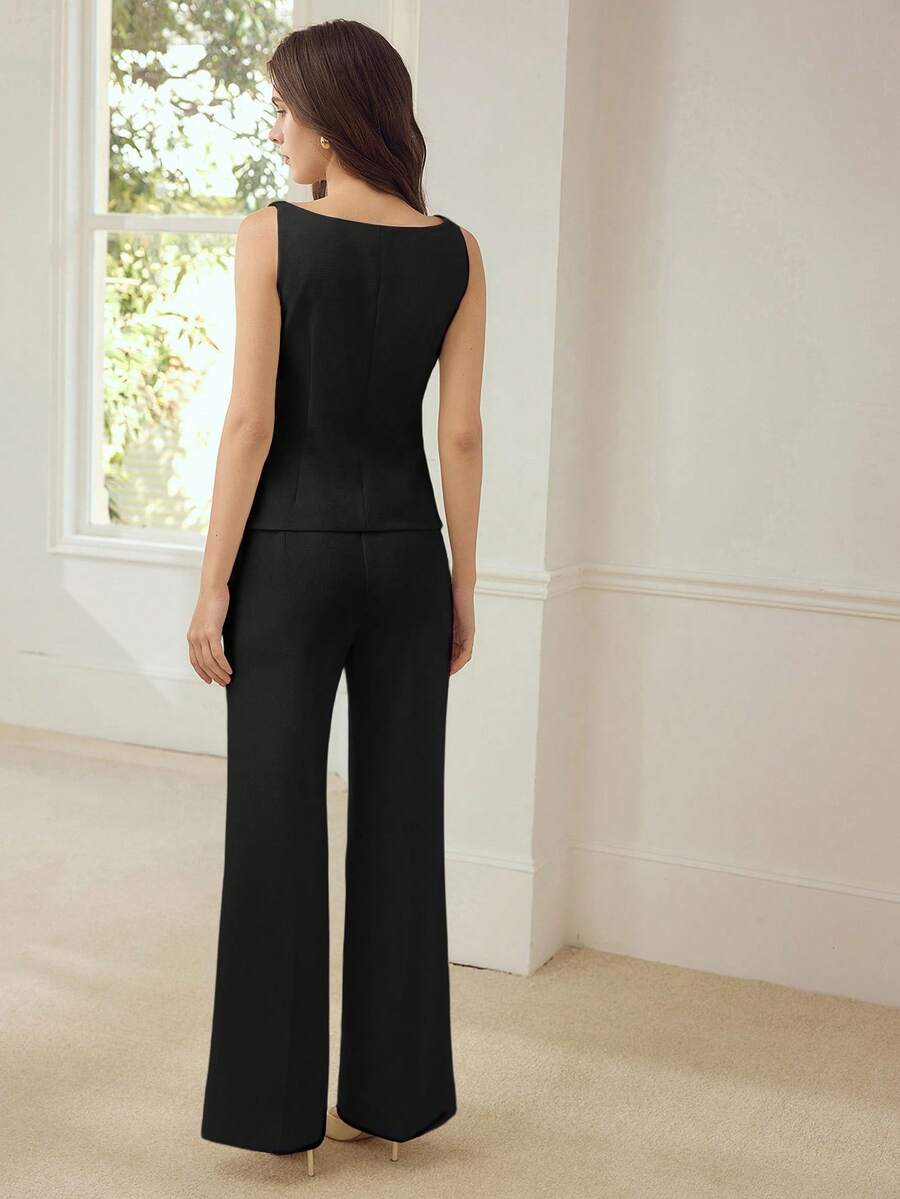 MOTF PREMIUM WOMEN'S SPRING/SUMMER ELEGANT DATE SINGLE-BREASTED SLEEVELESS FITTED TOP AND FLARE LONG PANTS 2 PIECES SET - Black - View 2