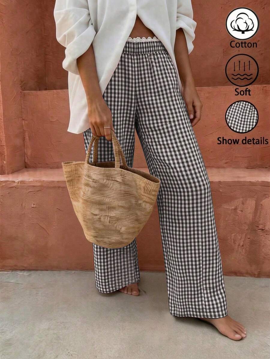 SHEIN Clasi 女款休閒波西米亞風鬆弛感蝴蝶結黑白格紋蕾絲腰部直筒寬腿褲,適合海灘度假與秋季 - 彩色 - 查看 1