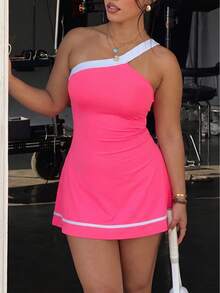SHEIN Dewbera 2PCS Spring/Summer Sports Dress, Red Color Block One Shoulder Skirt With Contrast Stripe, Detachable Shorts And Pockets, Suitable For Casual Wear, Running, Yoga, Gym, Tennis, Golf - Hot Pink - View 1