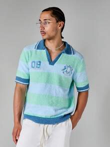 SUMWON Boxy Fit Fuzzy Knit Stripe Polo With Embroidery Short Sleeve V-Neck Collared Summer Sweater Top - Multicolor - View 1