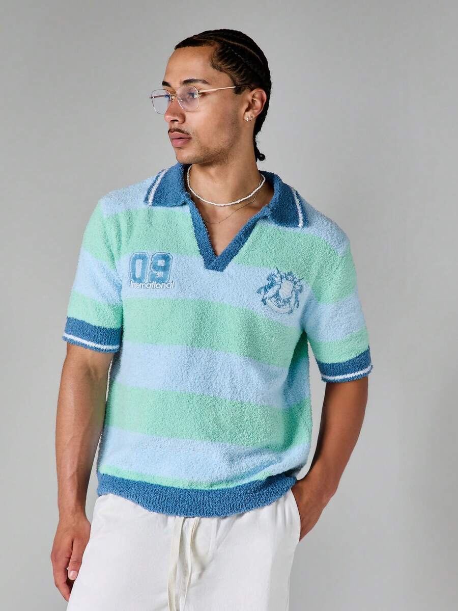 SUMWON Boxy Fit Fuzzy Knit Stripe Polo With Embroidery Short Sleeve V-Neck Collared Summer Sweater Top - Multicolor - View 1