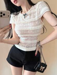 Joudiya Women's French Sweet Style Romantic Elegant Heavy Beaded Bow Lace Hollow Crochet T-Shirt Summer Tea Party Date High Tea Date Night White Floral - White - View 5