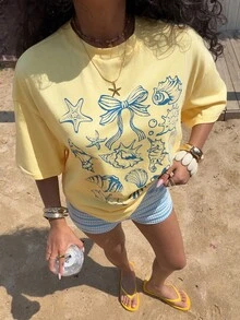 Muchica 女士海星贝壳印花圆领上衣和条纹短裤休闲日常穿搭 - 彩色 - 查看 7