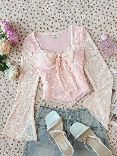 SHEIN Kids Tween Girl Elegant Cute Solid Light Pink Flower Textured Knit Fabric Long Sleeve T-Shirt Brunch Autumn