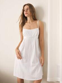 Ocili Women's Solid Color Pleated Design Spaghetti Strap Loungewear Dress - White - View 5