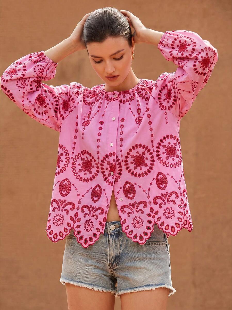 Frievida 女款圓領刺繡飾邊長袖襯衫 - 粉色 - 查看 1