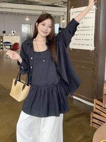 DAZY 女款純色領口長袖襯衫附內搭背心，韓系休閒2件套，可愛校園風上衣，適合早午餐，海軍藍白色，秋季 - 灰色 - 查看 4