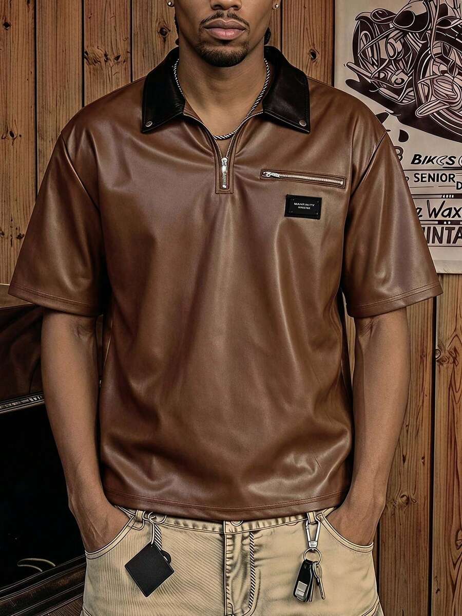 AXEPEAK 男士標準尺寸 Polo 衫，短袖，夏季休閒 PU Polo，夏季復古風 - 棕色 - 查看 1