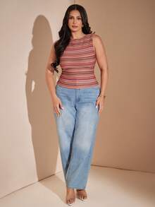 SHEIN BAE CURVE 大尺碼女款休閒條紋背心，夏季 - 彩色 - 查看 5