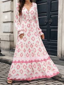 SHEIN Floral Print Knot Front Flounce Sleeve Ruffle Hem Maxi Dress For New Year Clothes - Pink - View 4