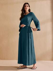 Graceveil Round Neck Solid Color Drawstring Tie Arabian Dress - Blue - View 7