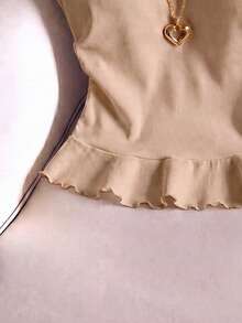GlowEve Women's Solid Color Ruffle Hem Shoulder Top - Khaki - View 4