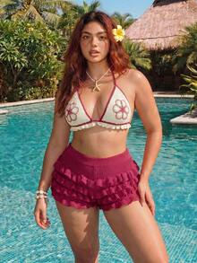 ROMWE Plus Size Spring Cute Floral Triangle Cup Swimsuit With Knit Beach Cover-Up Top And Mini Shorts Set - Hot Pink - View 10