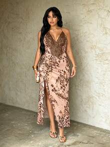 Rustia Plus Size Sexy 70's Hollow Lace Patchwork Slit Bodycon Dress, Vacation Style Party Date Night Beige Summer - Apricot - View 4