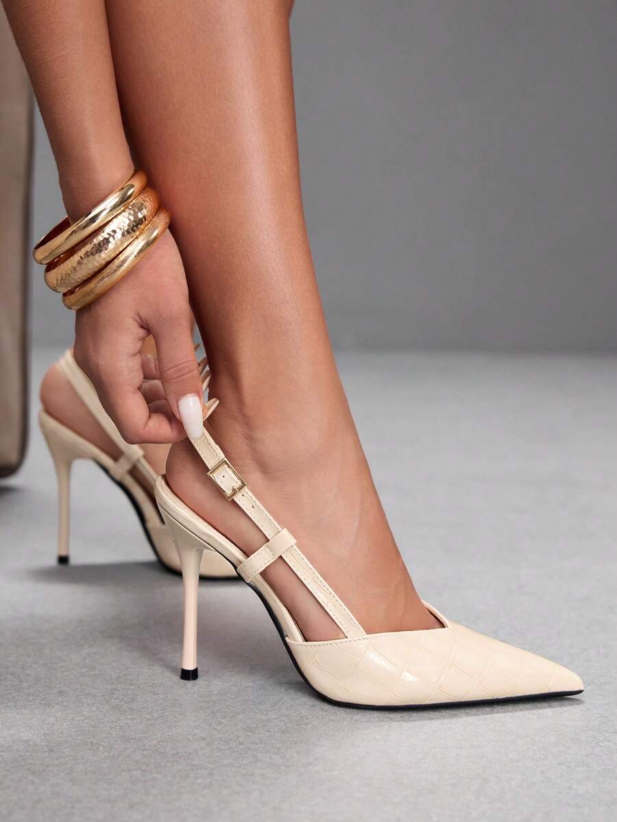 CUCCOO SZL Stone Pattern Pointed T-Shaped Stiletto Shoes, Metal Buckle, Workplace Commuting Slim High Heels - Apricot - View 1