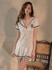 Dansine Embroidered Striped Color Block Ruffle Hem Button Sailor Dress With T-Back Panties Set, Cosplay Performance Uniform Back-To-School Summer - White - View 4