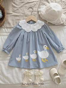 Cozy Pixies Baby Girl Contrast Color Ruffle Collar Embroidered Cartoon Pattern Long Sleeve Dress Versatile Comfortable - Blue - View 9