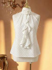 Rometta Plus Size Polka Dot Halter Neck Top With 3D Floral Ruffle Sleeveless Blouse - White - View 3