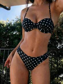 Swim SXY 女款黑色性感聚攏鋼圈抓褶上衣與比基尼褲兩件套，夏季海灘度假比基尼套裝 - 黑色 - 查看 5