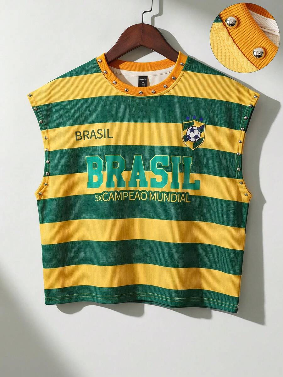 ROMWE MEN Camiseta de tirantes holgada con decoración de remaches y rayas para hombre - Amarillo - Ver 1