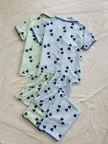 Dream Adore Set Piyama Lengan Pendek Kerah Kasual Motif Garis Hati 4 Potong dengan Tepi Bergelombang - MultiWarna - View 2