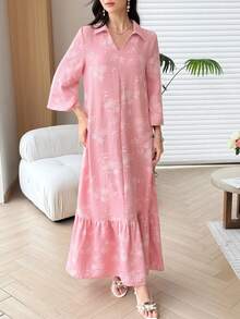 Al Najma 領口泡泡花卉印花粉色阿拉伯長裙 - 粉色 - 查看 11