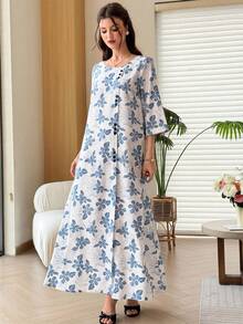 Al Najma 女款花卉印花阿拉伯風洋裝 - 藍色 - 查看 6