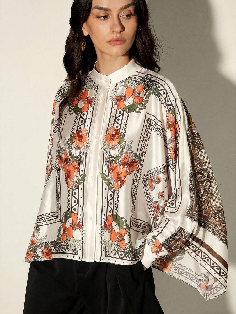 Frievida Kemeja Wanita Lengan Panjang Longgar dengan Motif Blok Warna Vintage, Desain Lengan dan Ujung Bawah Berbentuk Syal Persegi, Gaya Liburan Elegan untuk Beraktivitas Sehari-hari - MultiWarna - View 1