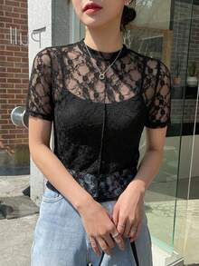 DAZY 女款圓領蕾絲短袖休閒優雅上衣 夏季 - 黑色 - 查看 4