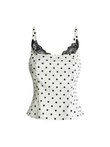 Sweetness Sweet Pure Girl White And Black Polka Dot Contrast Color Lace Trim Neckline Camisole Tank Top Women Brunch Summer Romantic Vintage - Apricot - View 1