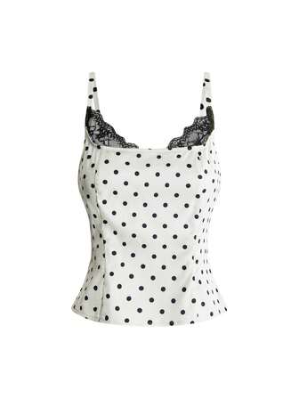 Sweetness Camiseta de tirantes tipo camisola para mujer con cuello de encaje, lunares y contraste de color, estilo dulce y puro