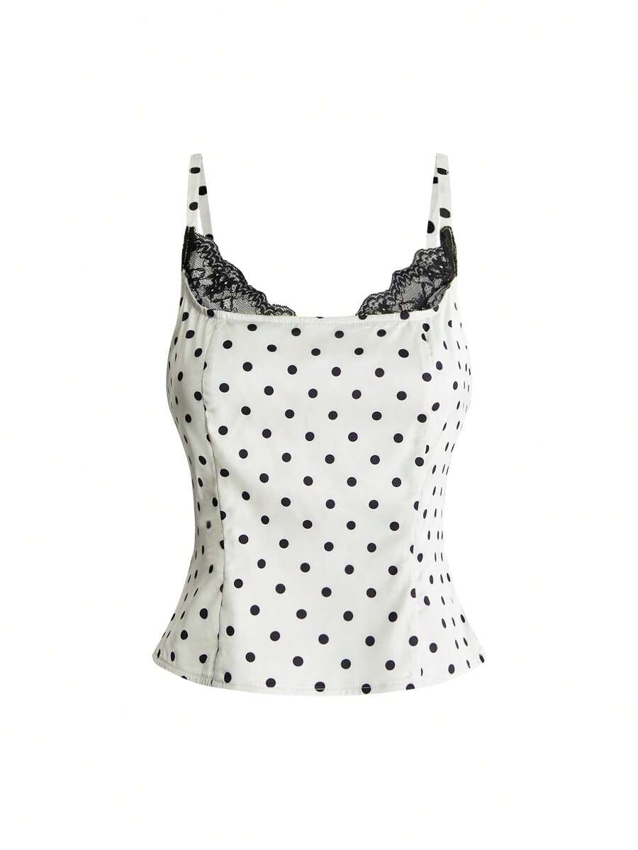 Sweetness Sweet Pure Girl White And Black Polka Dot Contrast Color Lace Trim Neckline Camisole Tank Top Women Brunch Summer Romantic Vintage - Apricot - View 1