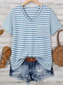 SHEIN LUNE Women's Plus Size V-Neck Navy Blue Pattern Casual Loose Fit T-Shirt Formal Vacation Summer Bussines - Blue and White - View 10