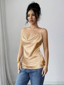 Rafferiza 女款優雅蕾絲緞面吊帶上衣 黑金色 女款優雅緞面蕾絲上衣 - 香檳色 - 查看 4