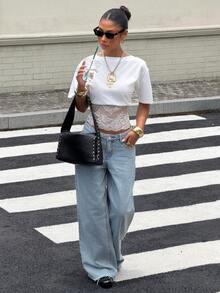 Muchica White Knit Women's Contrast Lace Short Sleeve T-Shirt - White - View 4