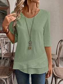EMERY ROSE Blusa blanca de cuello en V para mujer con diseño de dobladillo patchwork - Verde - View 3