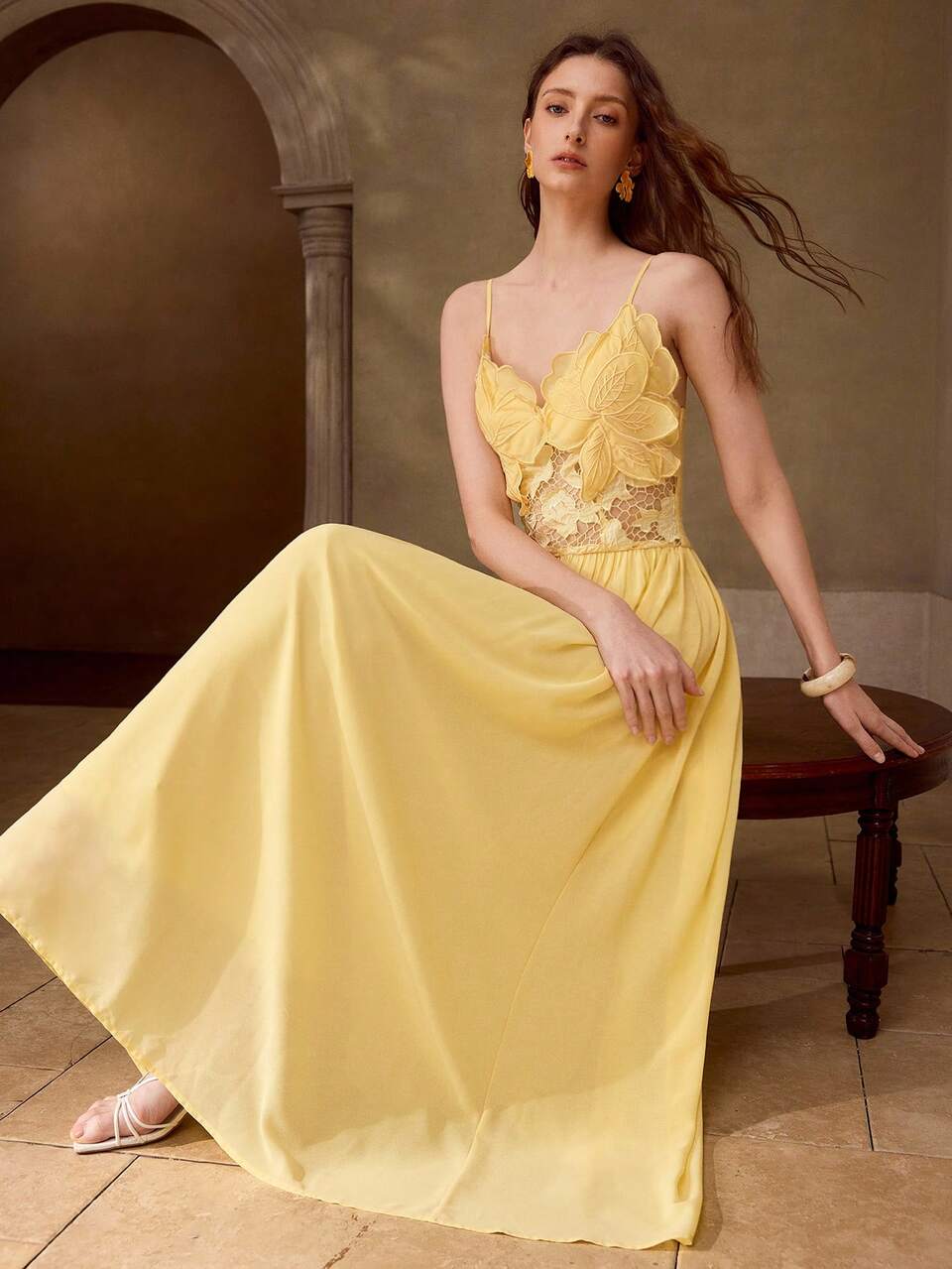 MOTF SPRING/SUMMER WOMEN'S LACE FLORAL EMBROIDERED CHIFFON PATCHWORK THIN STRAP ROMANTIC DRESS