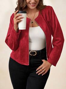 SHEIN Clasi Red Suede Plus Size Women's Jacket , Elegant Daily Commute Business Fall - Burgundy - View 5