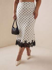 SHEIN MOD Plus Size Women Pleated Tie-Up Polka Dot Lace Patchwork A-Line Skirt, Elegant Wedding Guest Summer - Black and White - View 2