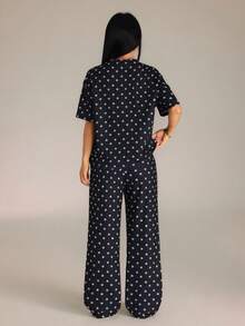 SHEIN PETITE 女款圓點印花時尚圓領短袖T恤與休閒長褲兩件套 - 黑色 - 查看 2